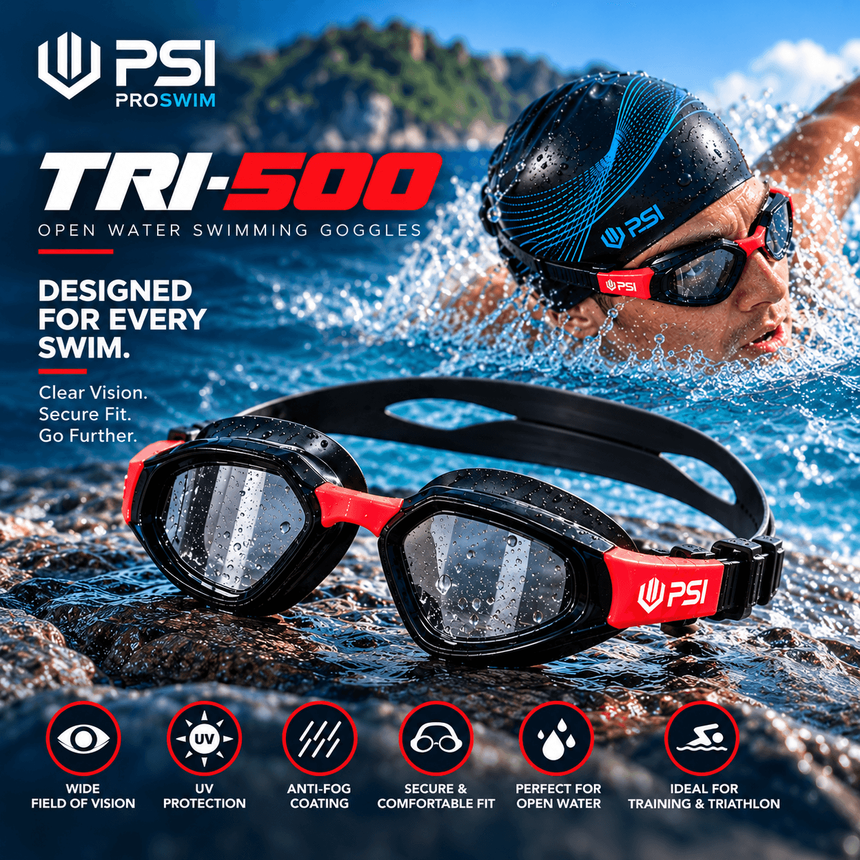 PSI TRI-500 Open Water Swimming Goggles